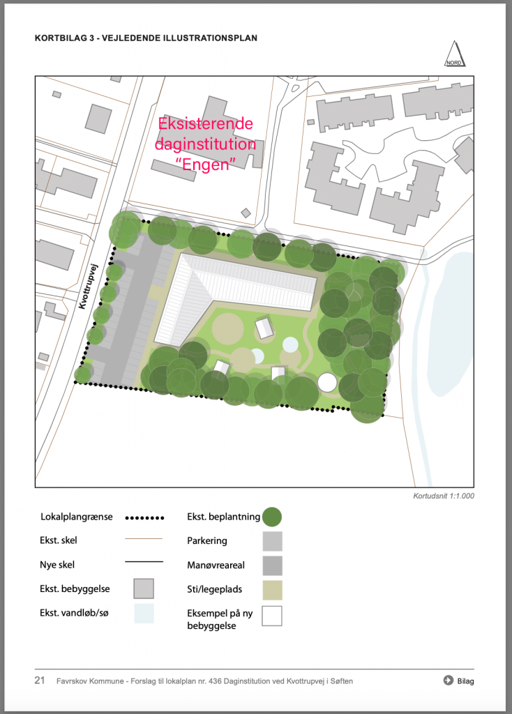 Billedet viser, hvor den gamle institution ligger i dag, og forslaget til den nye institution, hvor Præsteboligen ligger i dag. Grafik: Favrskov Kommune.