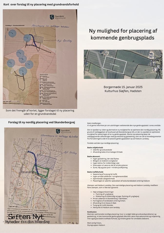 Billedet viser den folder, som Styregruppen i Haldum har lavet, og hvor de viser en alternativ placering for genbrugspladsen. Grafik: Styregruppen fra Haldum.