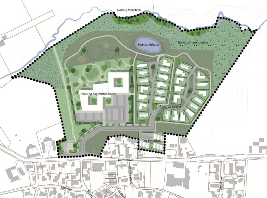 Sådan her ser området ud, hvor den nye folkeskole skal bygges i Norring og stå klar i 2029. Grafik: Favrskov Kommune.