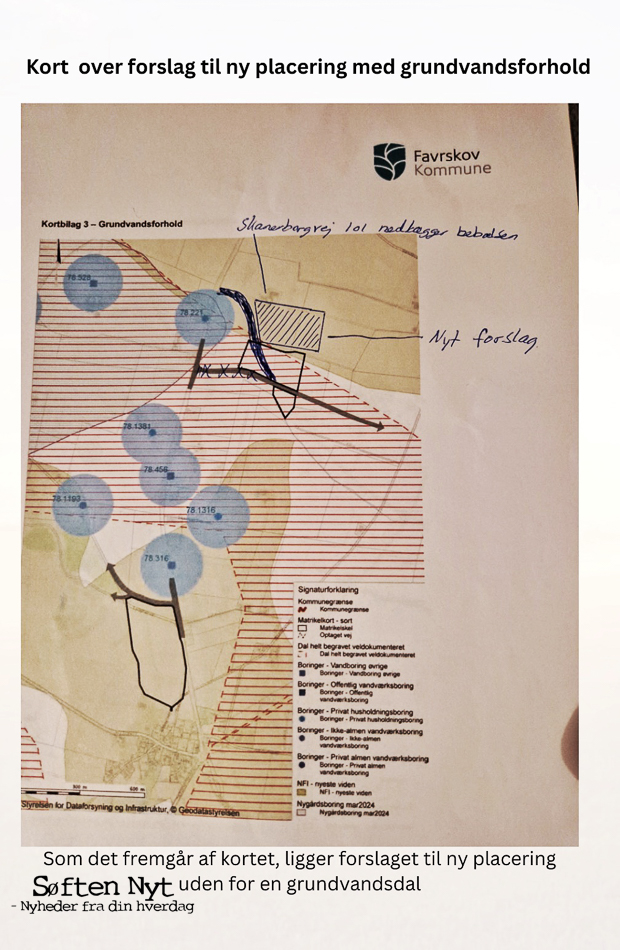 Billedet er taget fra den folder, som styregruppen fra Haldum har fået udarbejdet, og som viser en alternativ placering til det forslag, som Favrskov kommune har foreslået. Grafik: Styregruppen fra Haldum, baseret på kortmateriale fra Favrskov Kommune.